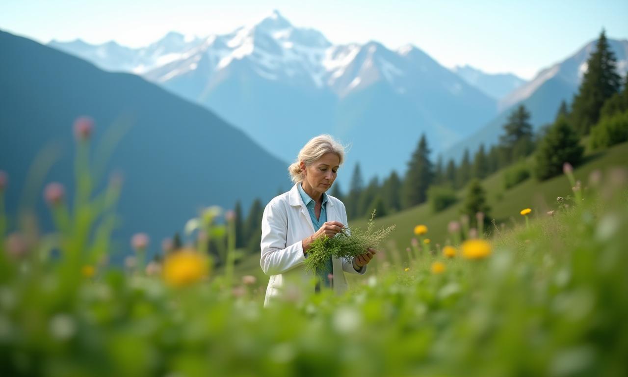 Botanist inspecting alpine herbs with Vancouver mountains in background