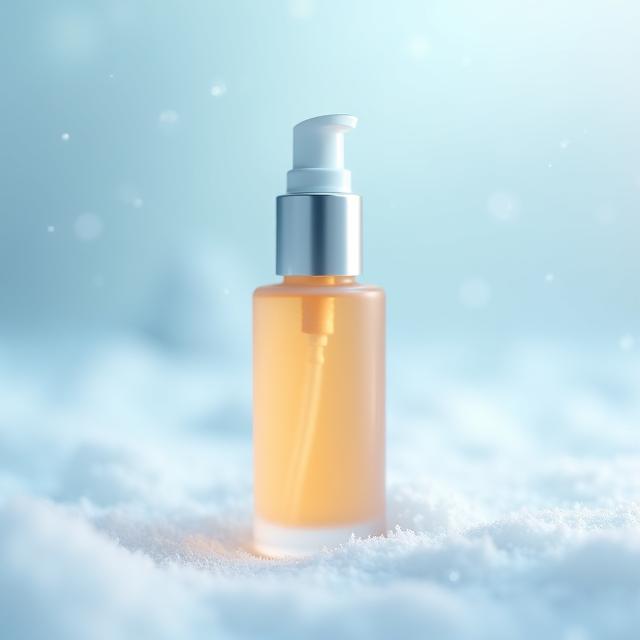 Bottle of Arctic Glow Serum against snowy backdrop