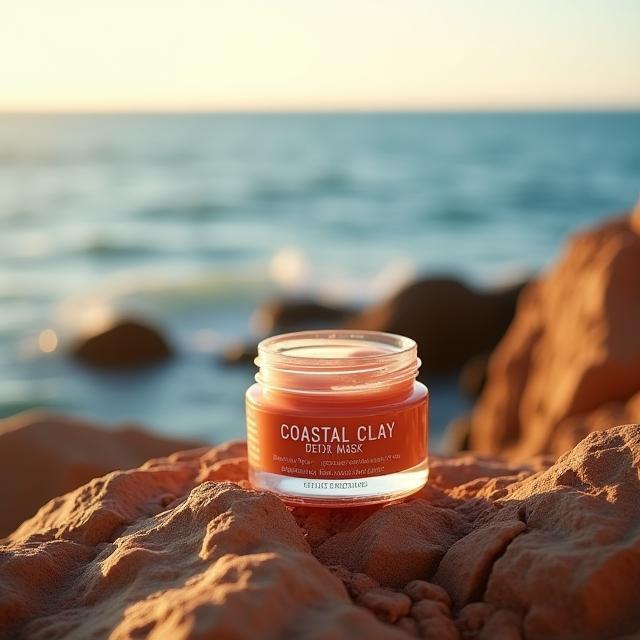 Coastal Clay Detox Mask jar on shoreline rocks